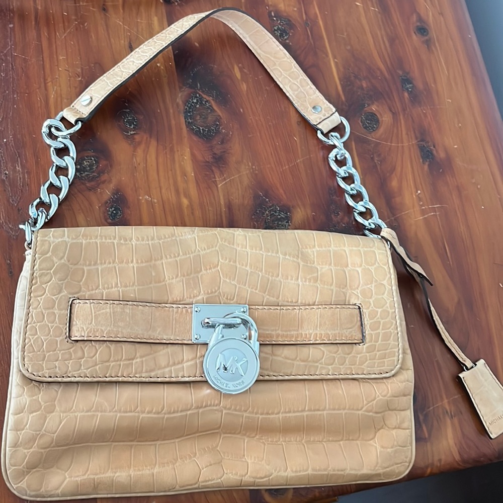 Vintage Michael Kors Croc Embossed Hamilton Tan Leather Shoulder Bag Purse